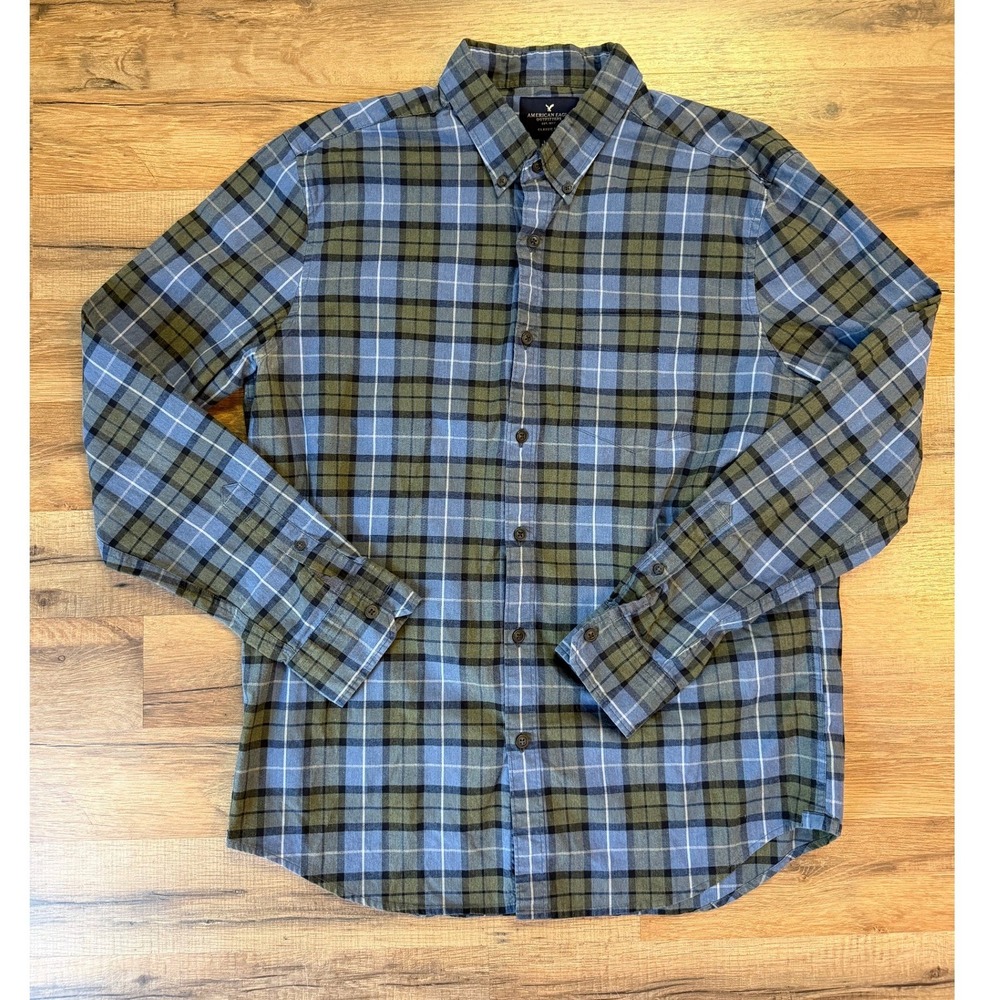 American Eagle Upcycled Flannel Plaid Jaws Custom Sewn Graphic Mens Large L - Picture 2 of 6